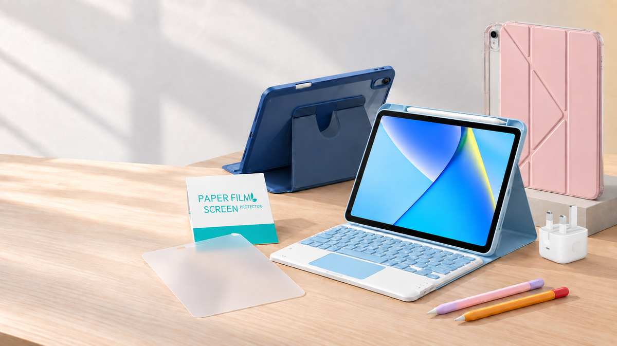 Cellstory desktop iPad accessories banner with blue rotating case, light blue keyboard case, pink 8-fold case, matte protector, pencil sleeves and white Apple 20W USB-C three-pin power adapter.