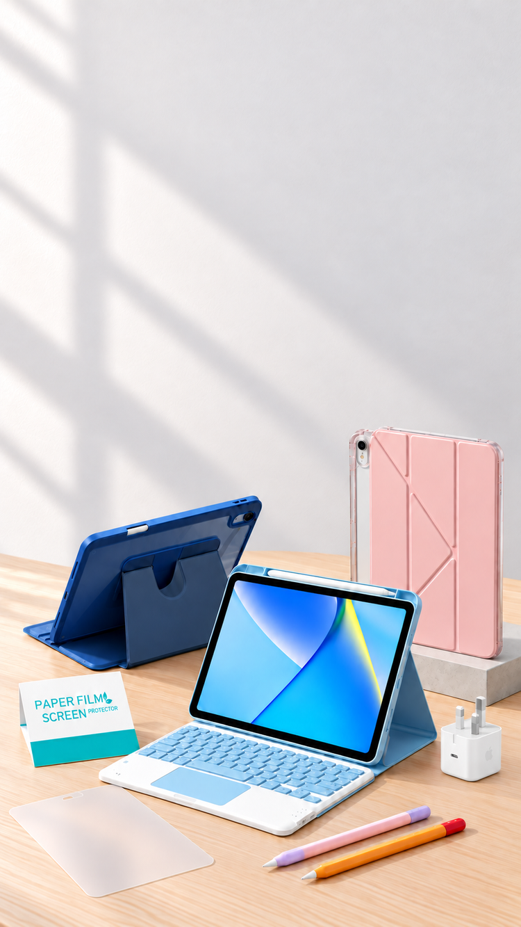 Cellstory mobile iPad accessories banner with rotating blue case, light blue keyboard case, pink 8-fold case, matte protector, pencil sleeves and white Apple 20W USB-C three-pin adapter. Clear upper area for store text.