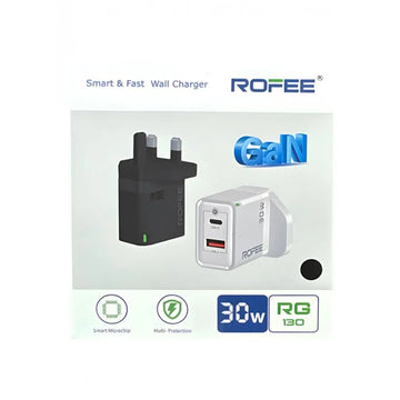 Rofee Smart & Fast Dual Port USB-A&C 30W Wall GaN Charger W/O Cable 3pin RG-130