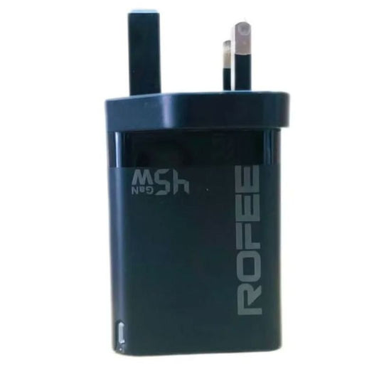 Rofee Smart & Fast Dual Port USB-A 18W & USB-C 45W Wall GaN Charger W/O Cable 3Pin RG-145 Black